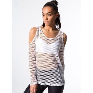 LNA Galaxy White Open Shoulder Mesh Popover Athleisure